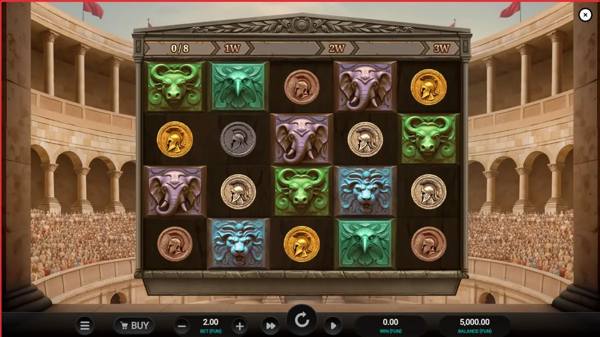 Arena of Fortune slot game interface featuring gladiator theme and Colosseum background.