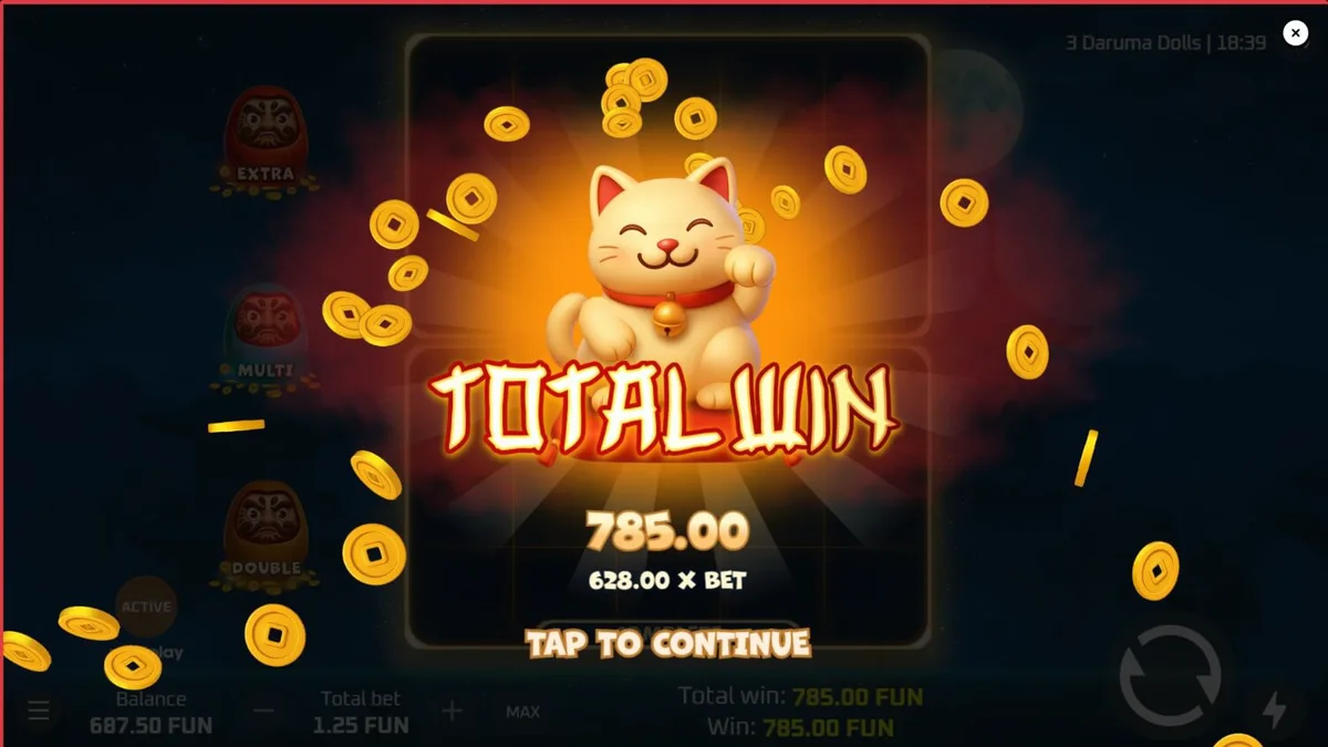 Tampilan visual slot 3 Daruma Dolls dengan latar belakang kuil Jepang yang mistis